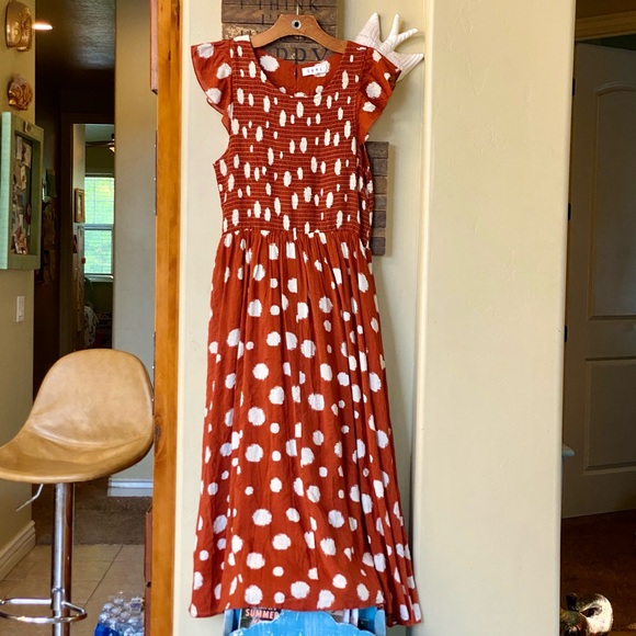 THML Rust Polka Dot Smocked Flutter Sleeve Dress - Picture 3 of 15